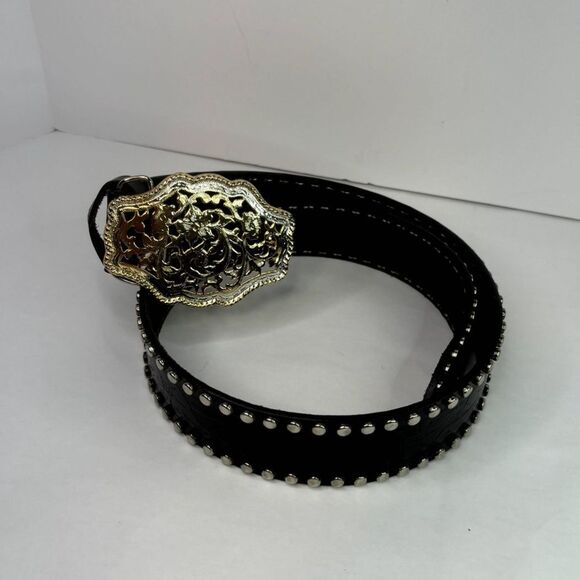 Express Accessories - Express Black Leather Medallion Buckle Belt Gold Embossed Floral Silver Studded